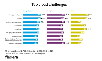 Chart showing top challenges for organizations using the cloud.