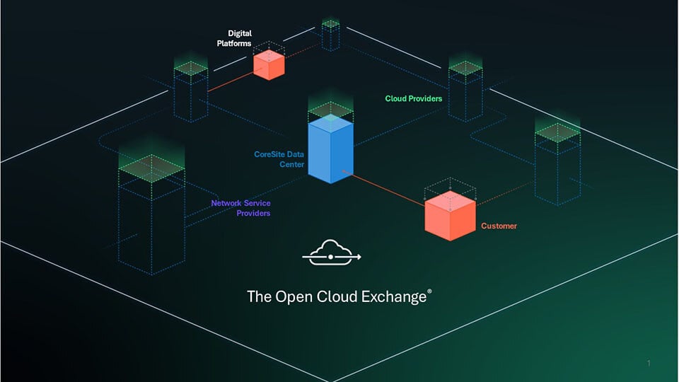 Diagram showing the Open Cloud Exchange enterprise, cloud and digital platform interconnection capabilities.