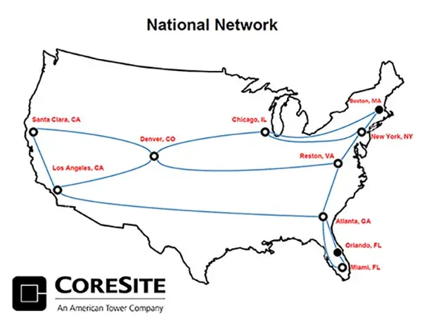 A map showing CoreSite data centers in the U.S.