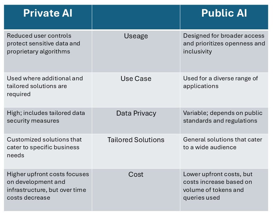 A table sowing 5 key differences between private AI and public AI.